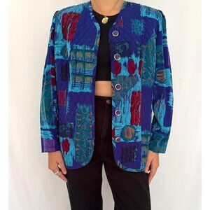 80s vintage blue abstract patchwork print light puffy quilted button up jacket